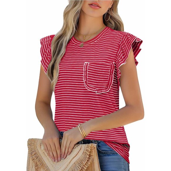 Tops - Women's Summer Striped T-Shirt Ruffle Short Sleeve Crew Neck Casual Blouse